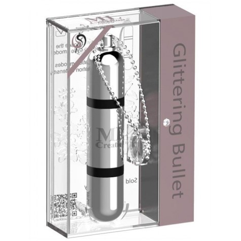 Серебристый мини-вибратор на цепочке Glittering Bullet - 9 см.